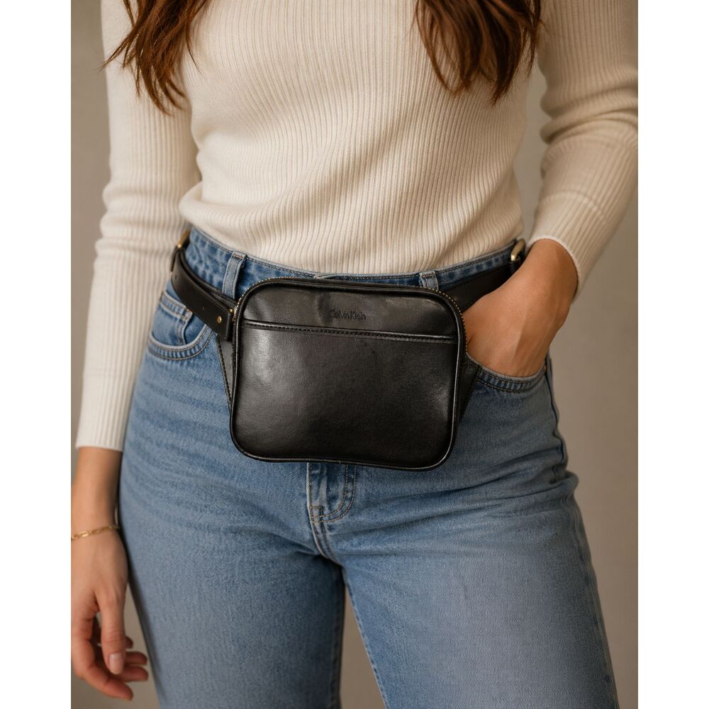 Calvin Klein Black Leather Belt Bag Vintage 2000s Adjustable Waist Pack